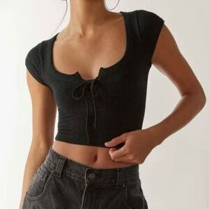 Urban Outfitters Women's XS Black Lace-Up T-Shirt